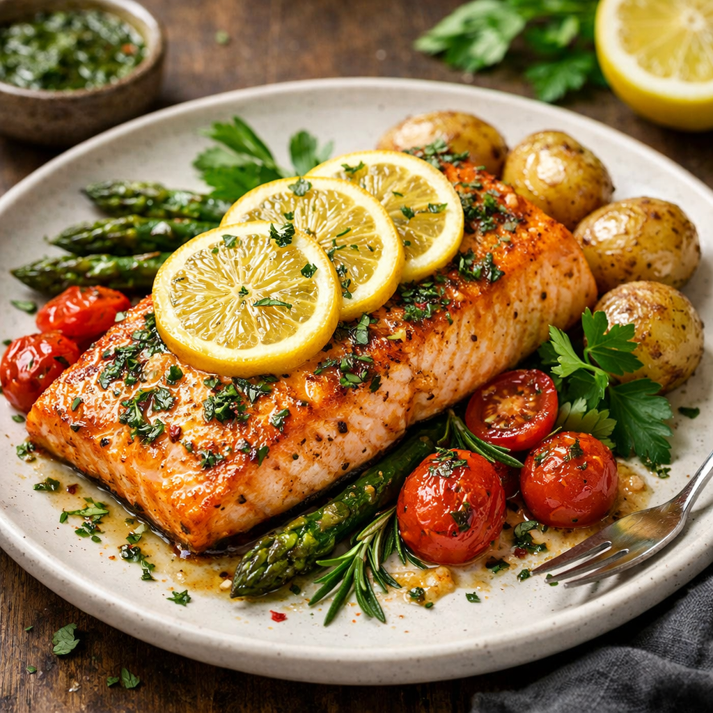 Lemon Herb Air Fryer Salmon with potatoes, asparagus, and cherry tomatoes.