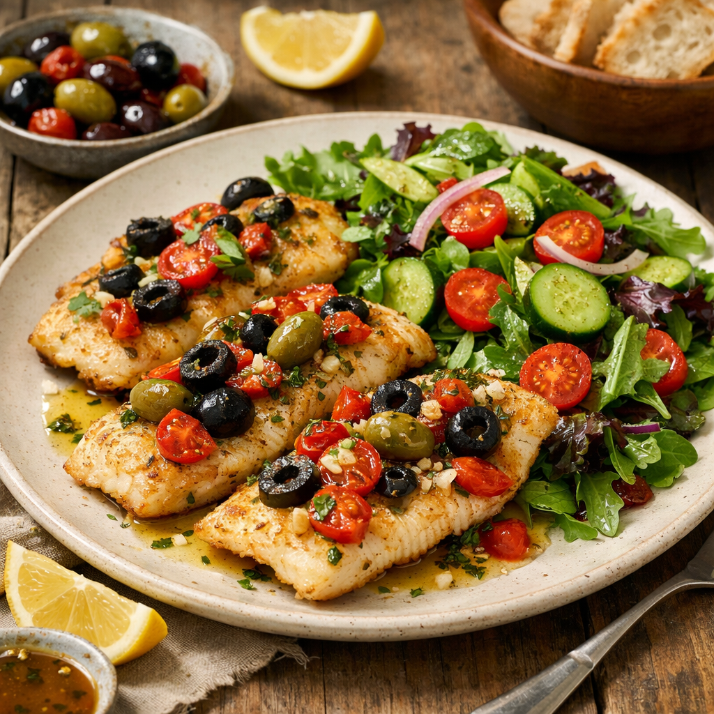 A beautifully plated dish of Mediterranean air fryer fish fillets topped with cherry tomatoes and olives, served with a side salad.