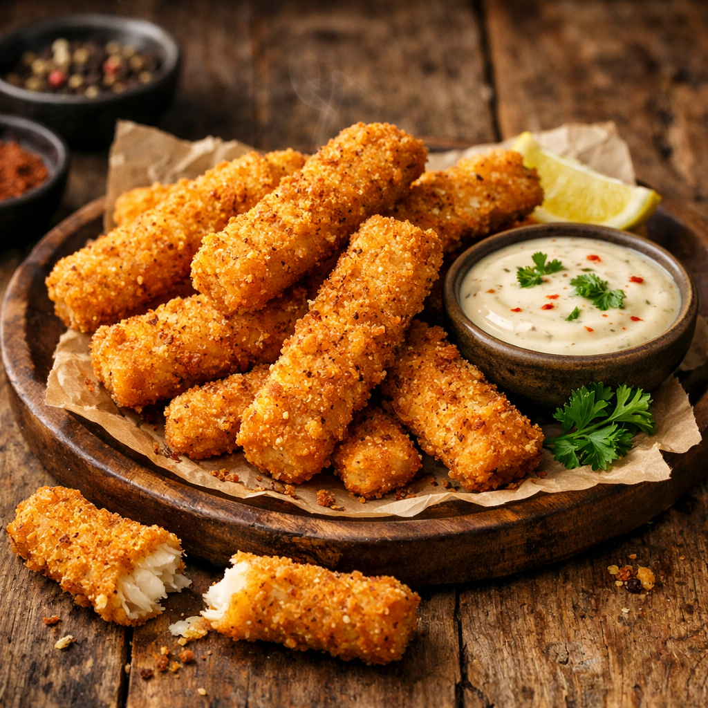 A plate of crispy fish sticks served with a creamy dipping sauce and lemon wedges.