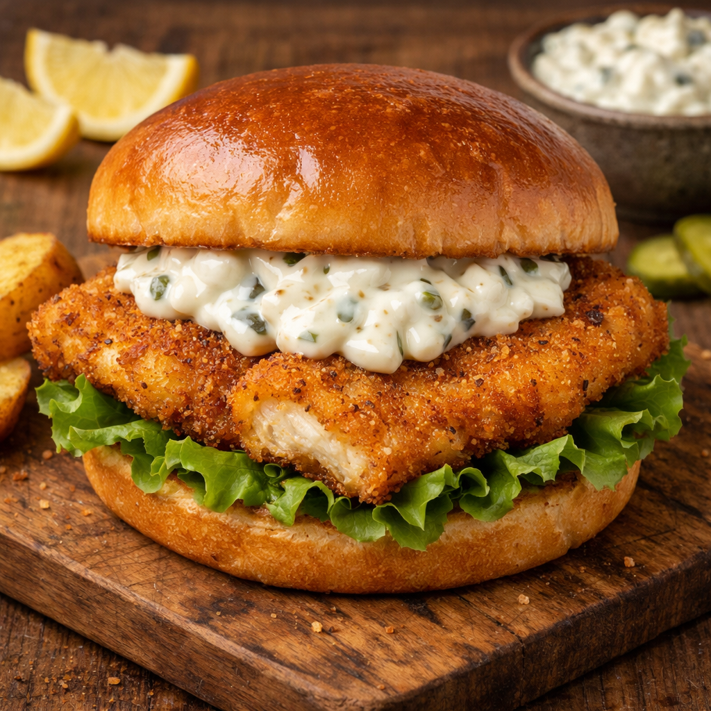 A delicious air fryer fish sandwich with crispy fish, lettuce, and zesty sauce on a toasted bun