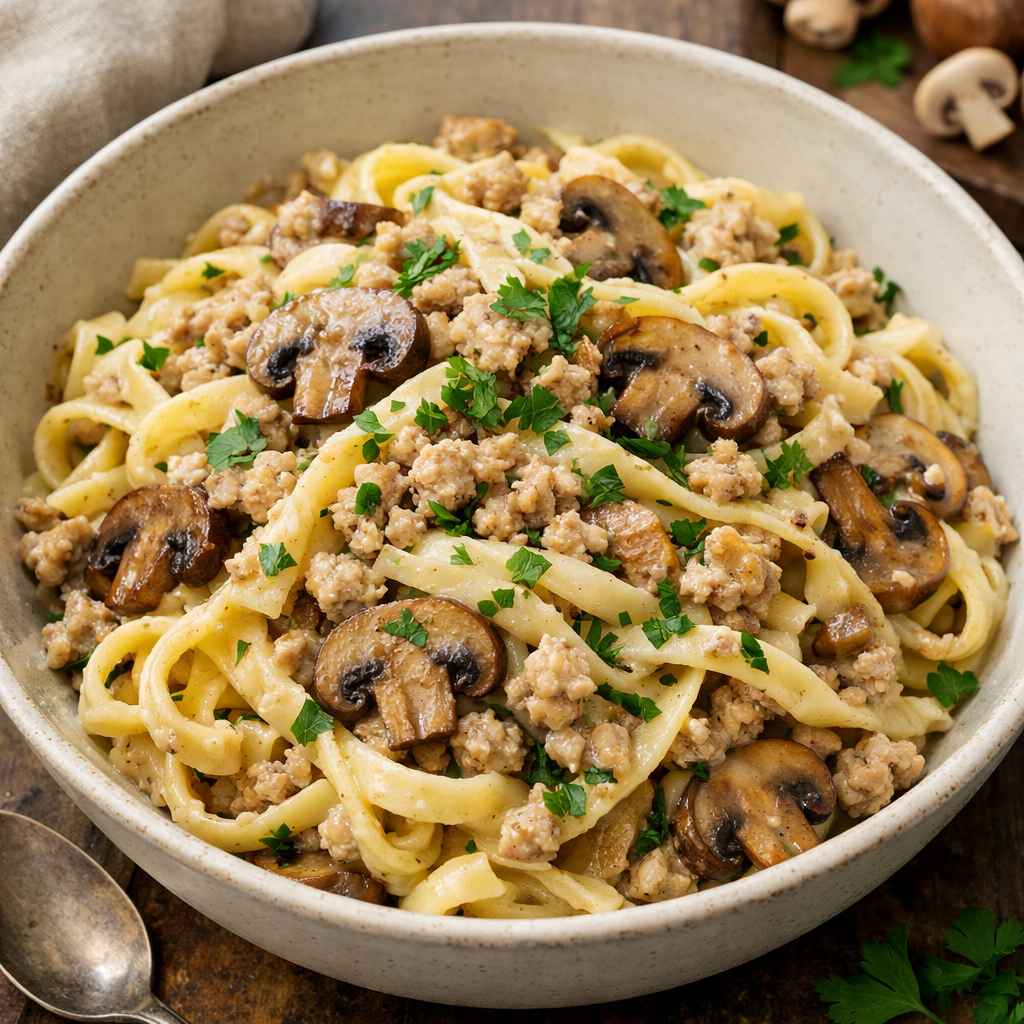 A bowl of creamy turkey and mushroom pasta topped with fresh parsley