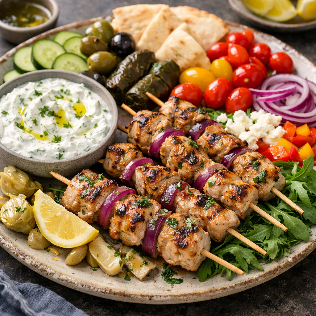 A plate of Mediterranean turkey skewers with tzatziki sauce, fresh vegetables, and pita bread.