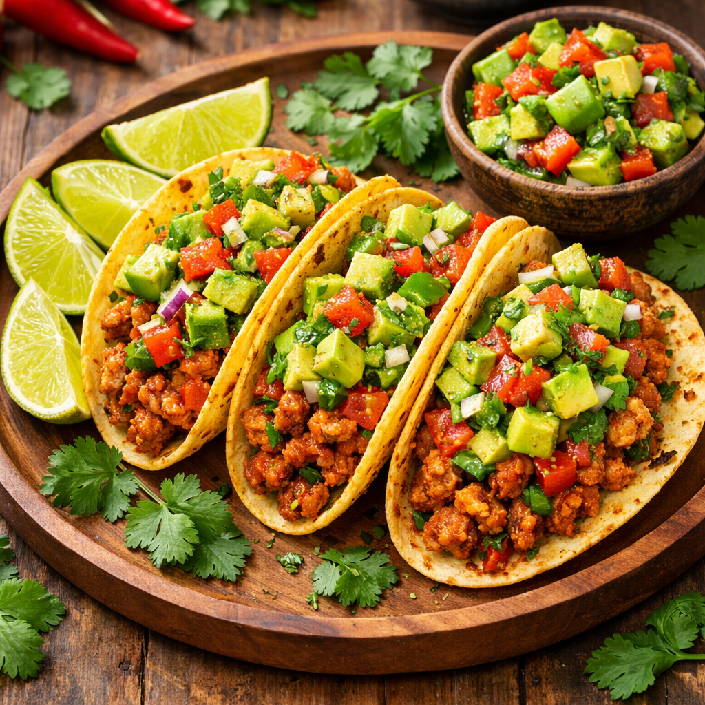 Delicious spicy turkey tacos with avocado salsa, served on a wooden platter accompanied by lime wedges and fresh cilantro.