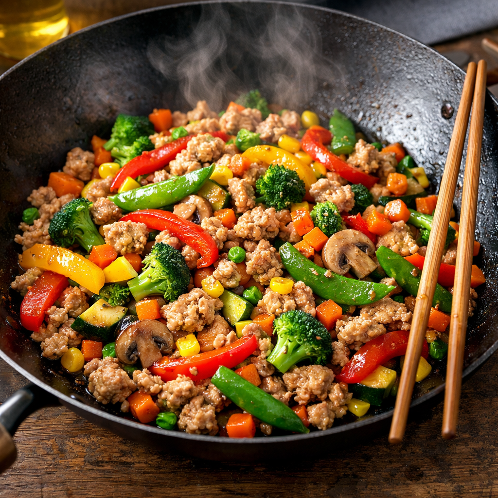 A vibrant turkey and vegetable stir-fry in a wok, showcasing ground turkey and colorful vegetables.