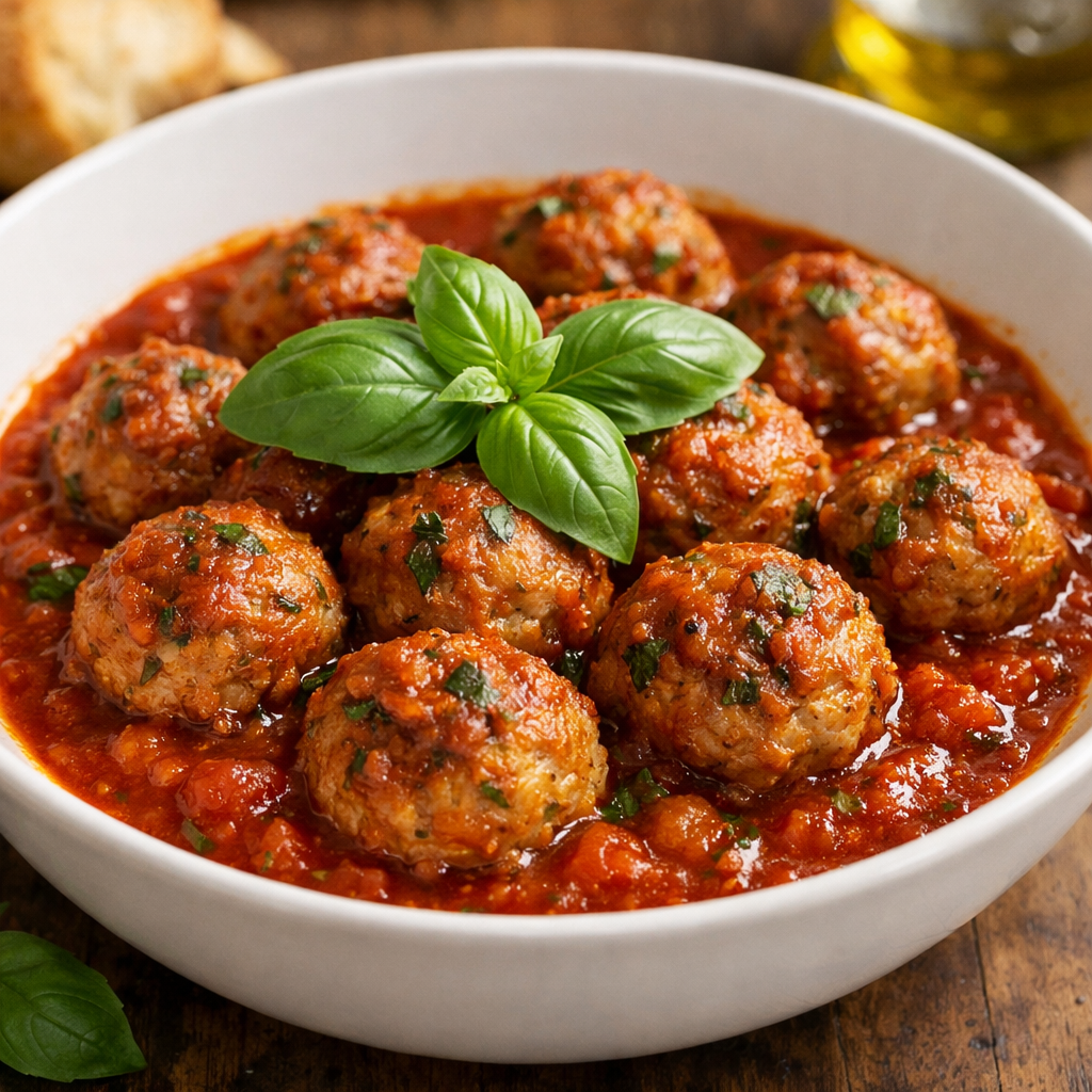 Turkey meatballs in marinara sauce with fresh basil on top