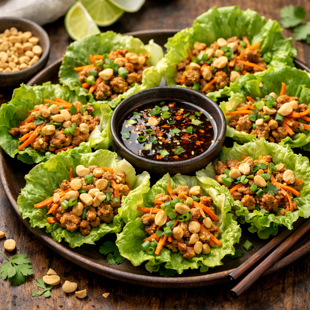 A plate of Asian-inspired turkey lettuce wraps with ground turkey, carrots, peanuts, and a dipping sauce.