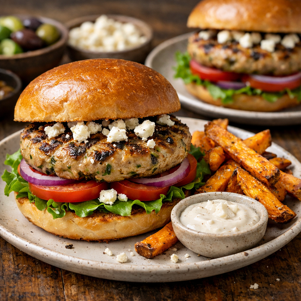 Mediterranean turkey burger with feta cheese and sweet potato fries