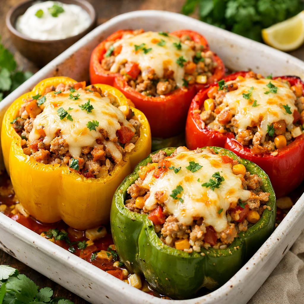 Baked stuffed bell peppers with ground turkey, colorful peppers, and melted cheese.