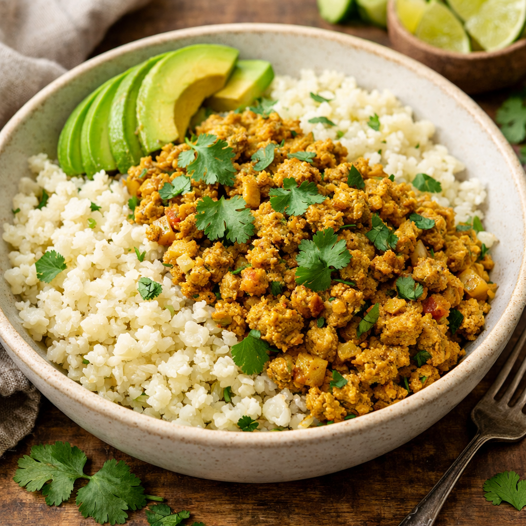 A healthy bowl featuring curry turkey and cauliflower rice, garnished with avocado slices and cilantro.