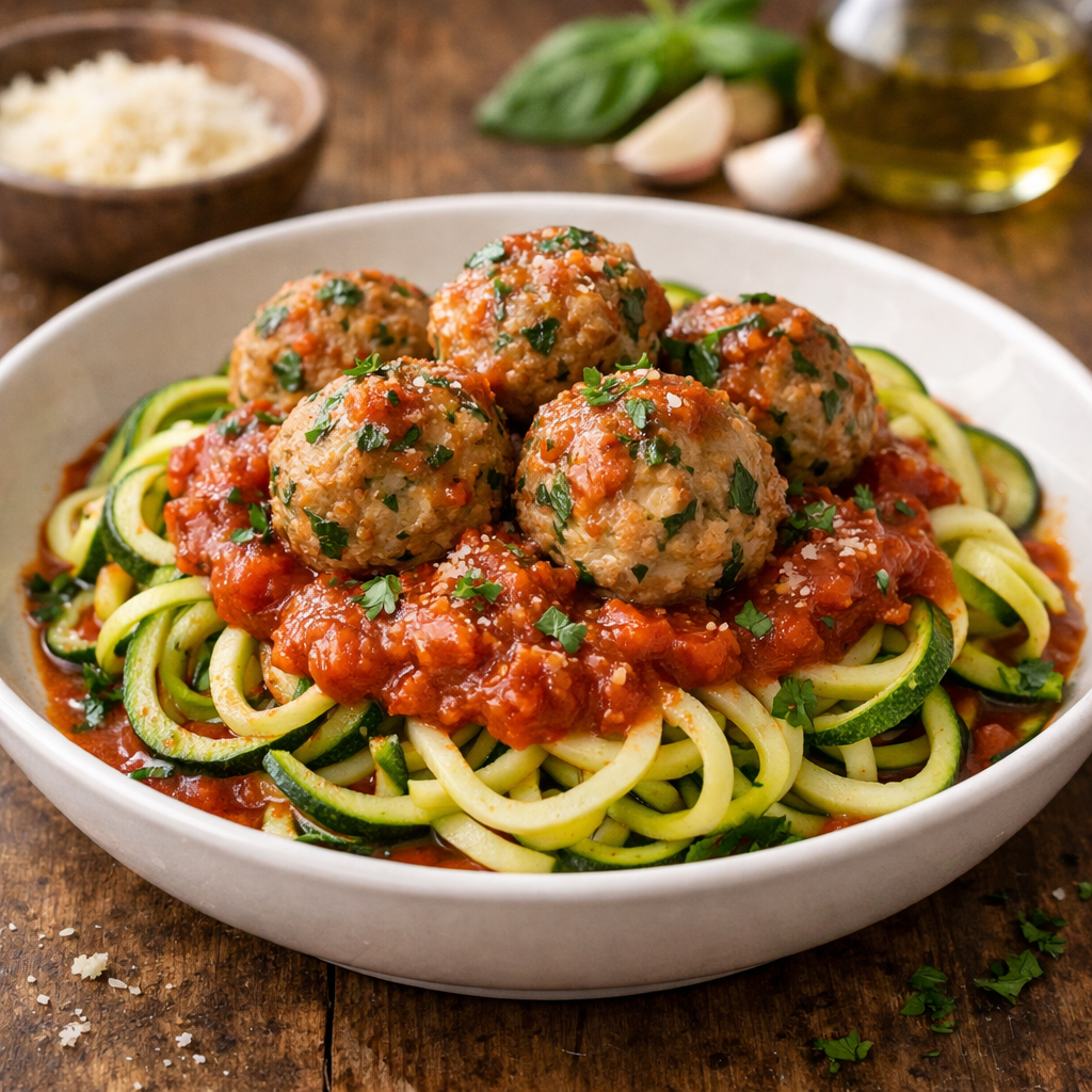 A bowl of herbed turkey meatballs served over zucchini noodles with marinara sauce and garnished with parsley.
