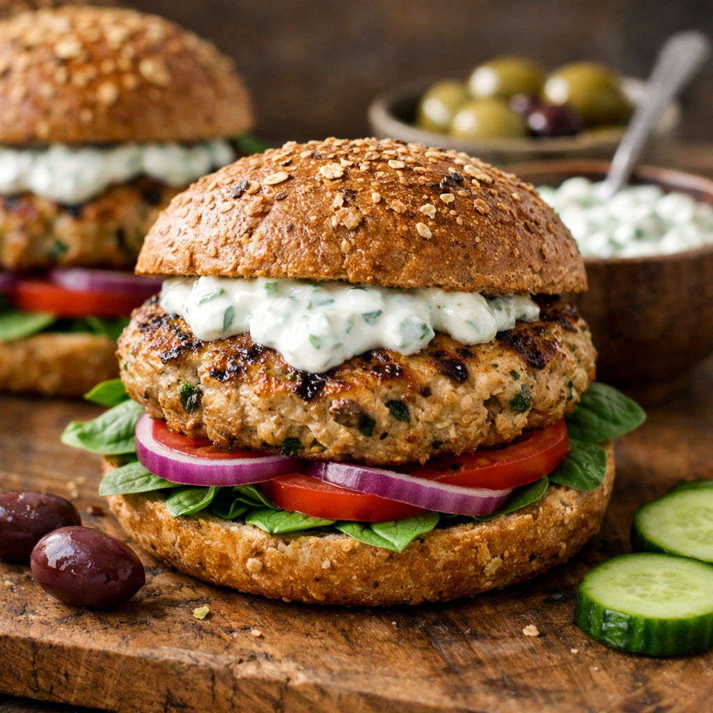 Two Mediterranean turkey burgers with fresh vegetables and a yogurt sauce on whole grain buns.