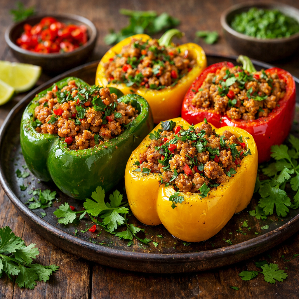 Colorful stuffed bell peppers with quinoa and ground turkey filling.