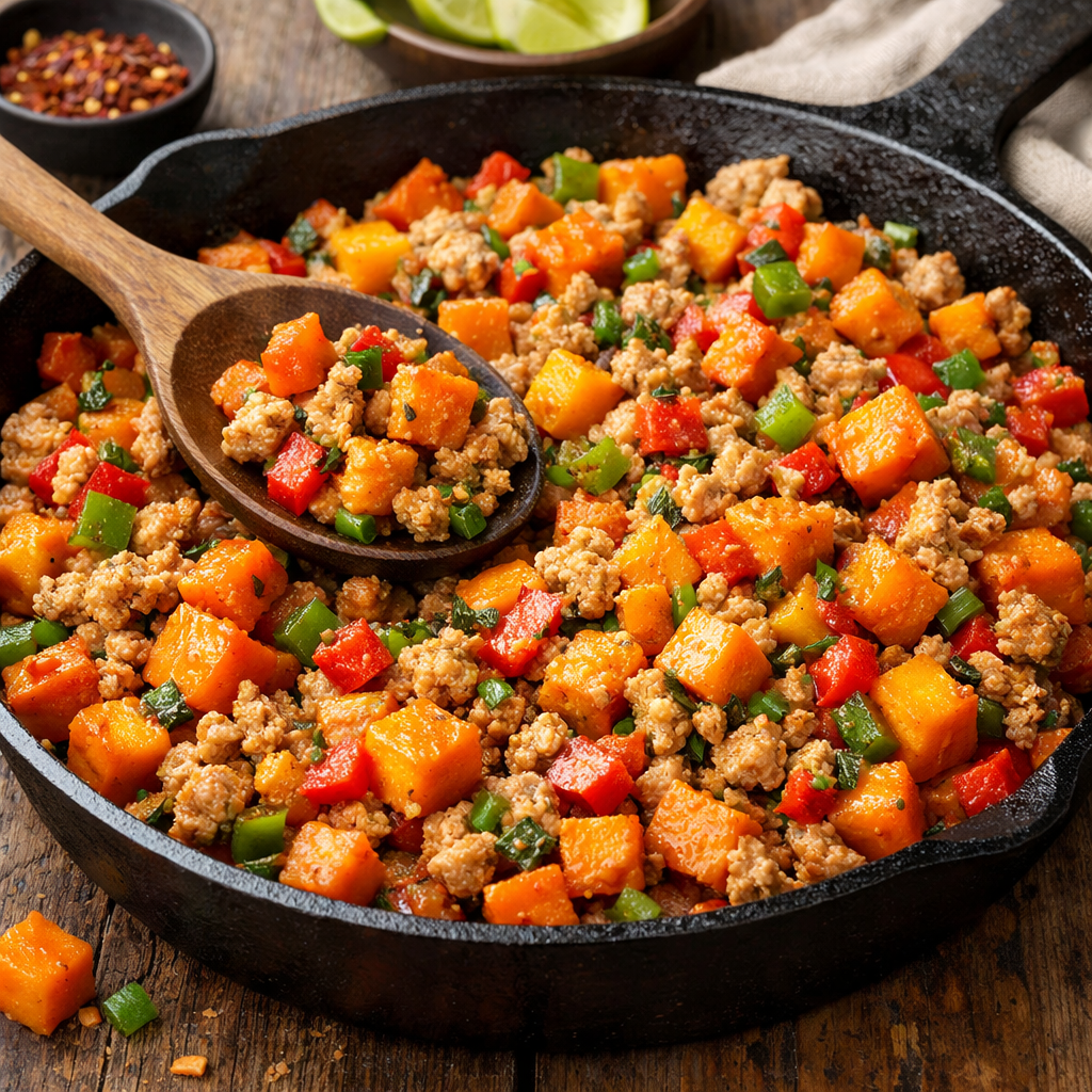A colorful skillet dish with ground turkey, diced sweet potatoes, bell peppers, and garnished with fresh herbs.