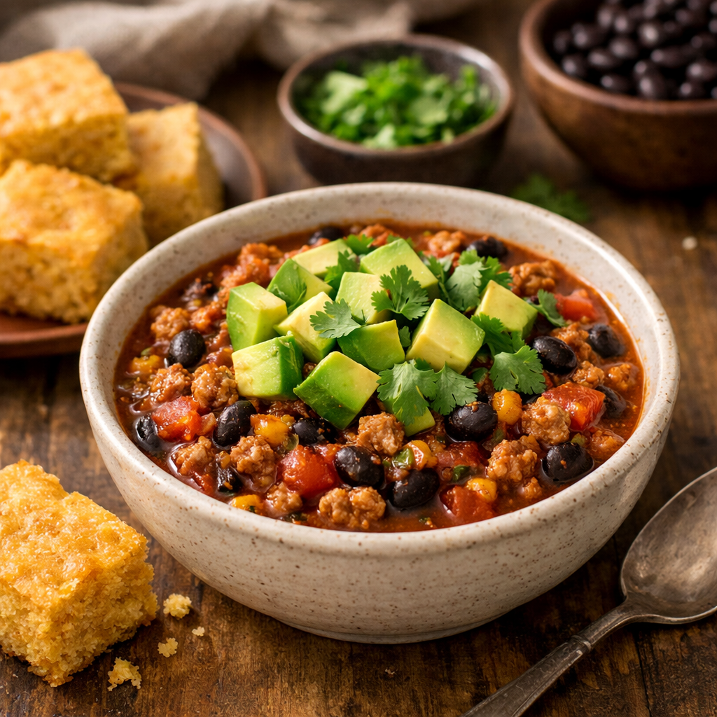 A bowl of turkey and black bean chili topped with avocado and cilantro, served with cornbread on the side.