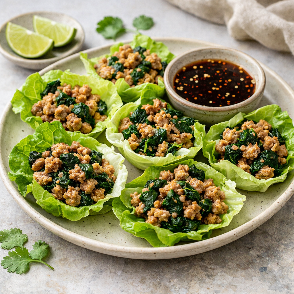 Plate of turkey and spinach lettuce wraps with dipping sauce