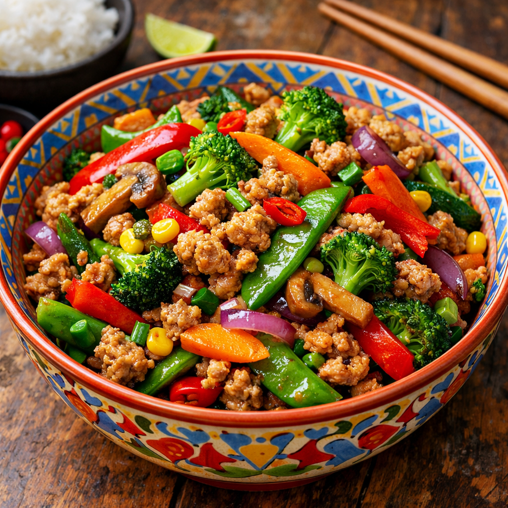 A colorful bowl of turkey and vegetable stir-fry with vibrant red and green peppers, broccoli, and snap peas on a wooden table.