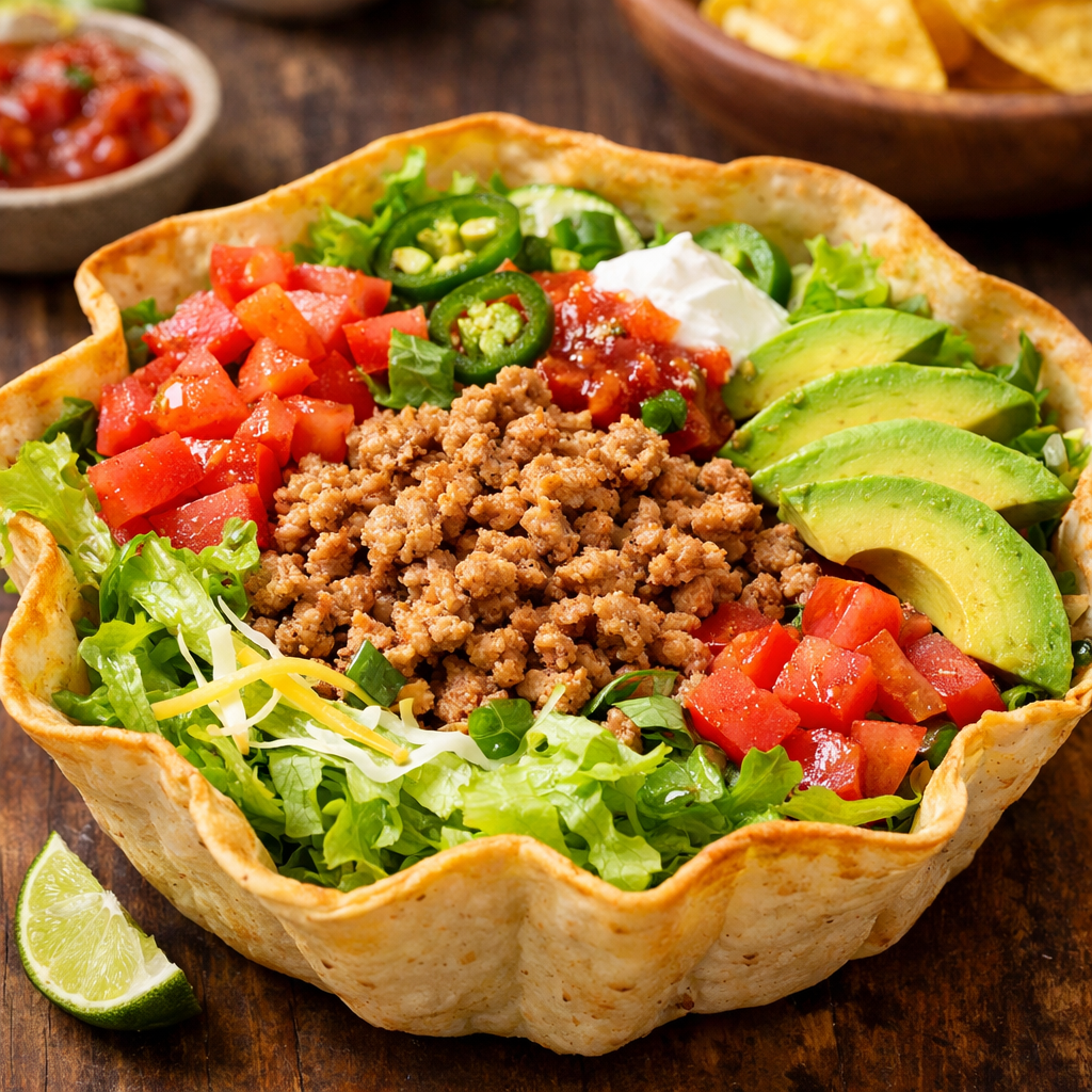 A delicious Turkey Taco Salad served in a crispy tortilla bowl topped with ground turkey, lettuce, tomatoes, avocados, and salsa.