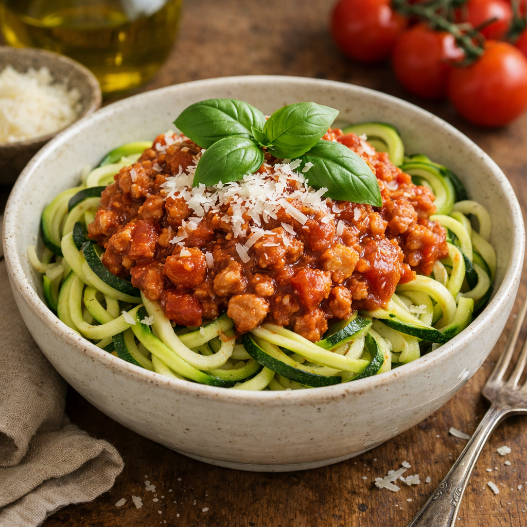 A bowl of zucchini noodles topped with turkey Bolognese sauce, garnished with fresh basil and cheese.