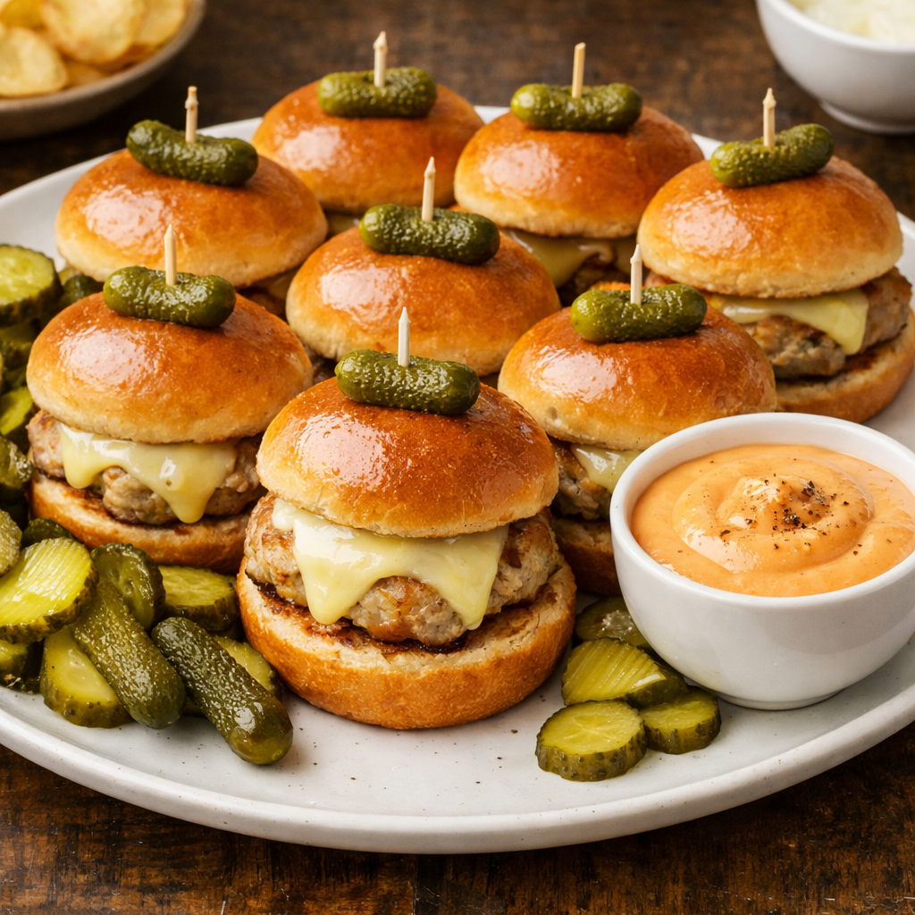 Baked Turkey and Cheese Sliders served with pickles and dipping sauce