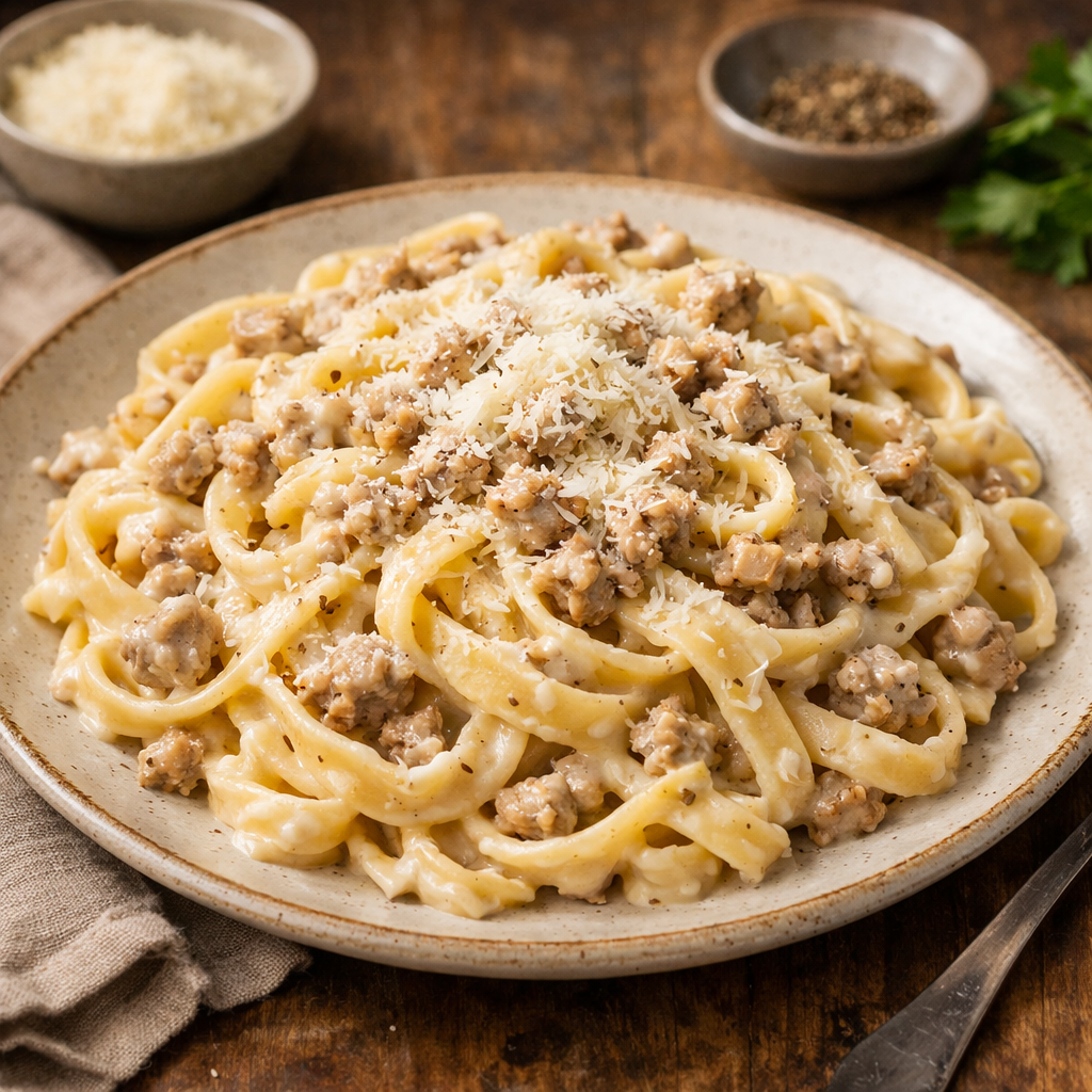 Plate of creamy turkey alfredo pasta topped with grated cheese and garnished with parsley