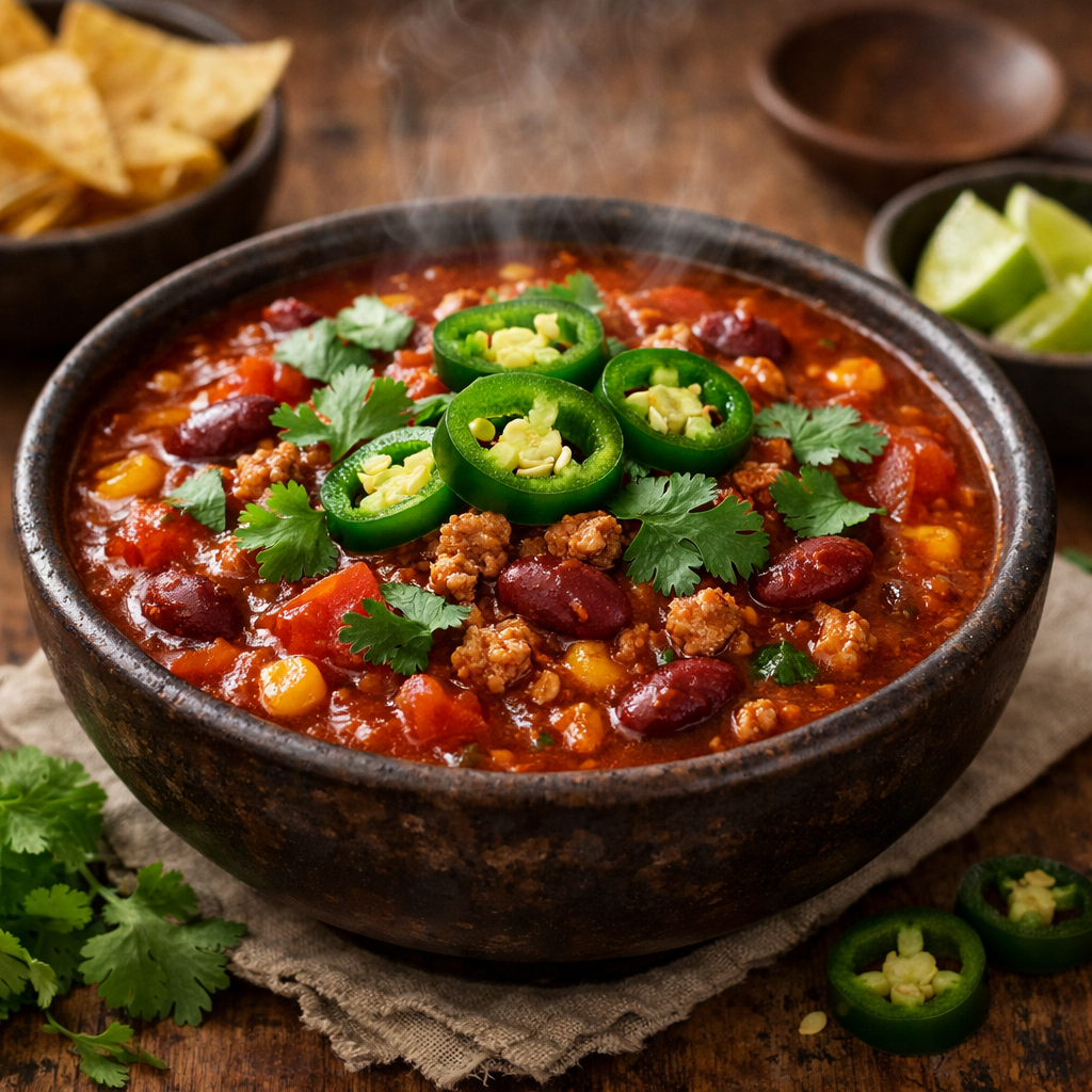 A steaming bowl of hearty turkey chili topped with jalapeños, cilantro, and fresh veggies