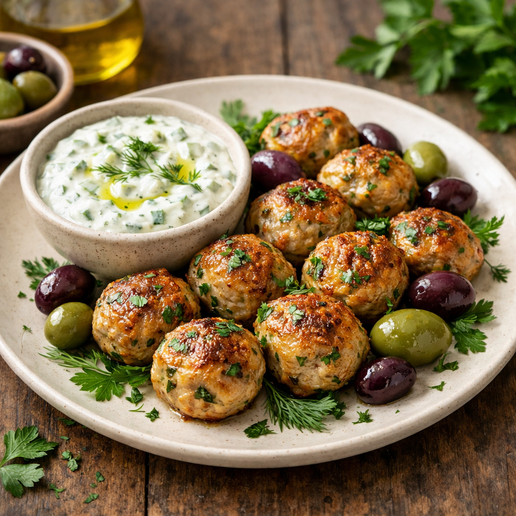 Plate of Mediterranean turkey meatballs served with tzatziki sauce and olives