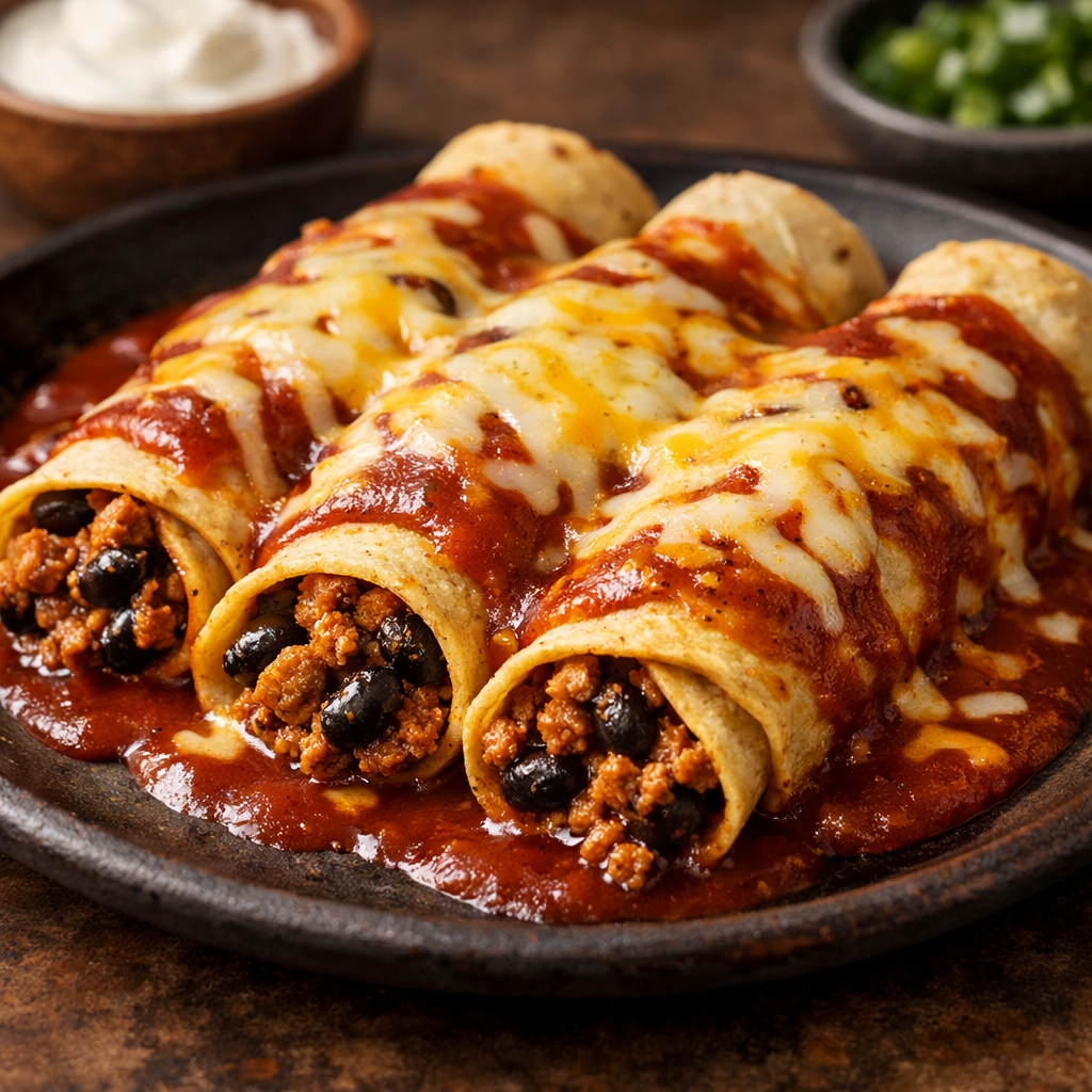 A plate of spicy turkey and black bean enchiladas topped with cheese and enchilada sauce.