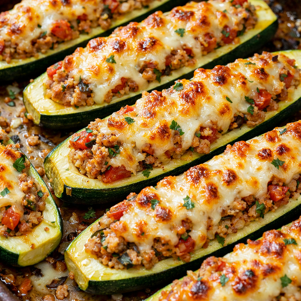 Zucchini boats stuffed with ground turkey and quinoa, topped with melted cheese.