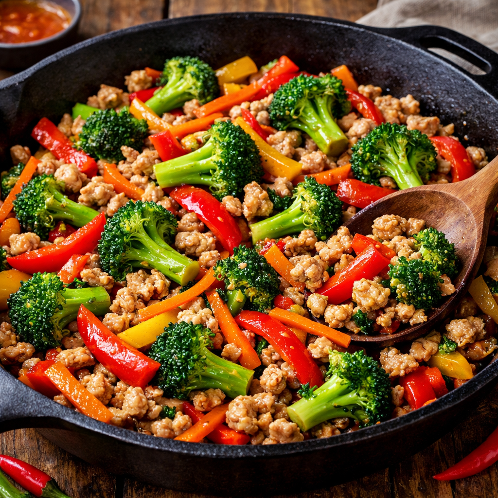 Colorful ground turkey and vegetable stir-fry in a cast iron skillet