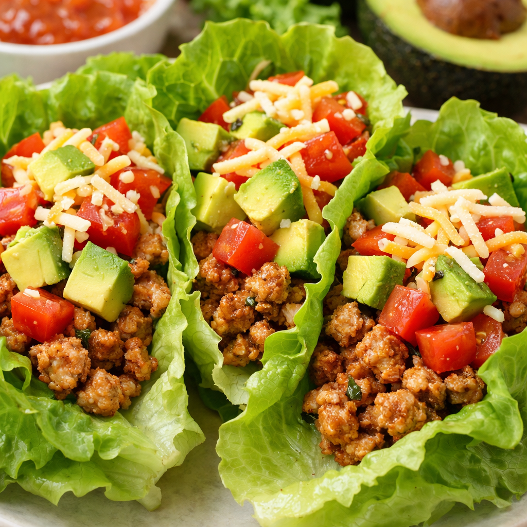 Turkey taco lettuce wraps filled with ground turkey, diced avocado, and tomatoes, served with salsa on the side.
