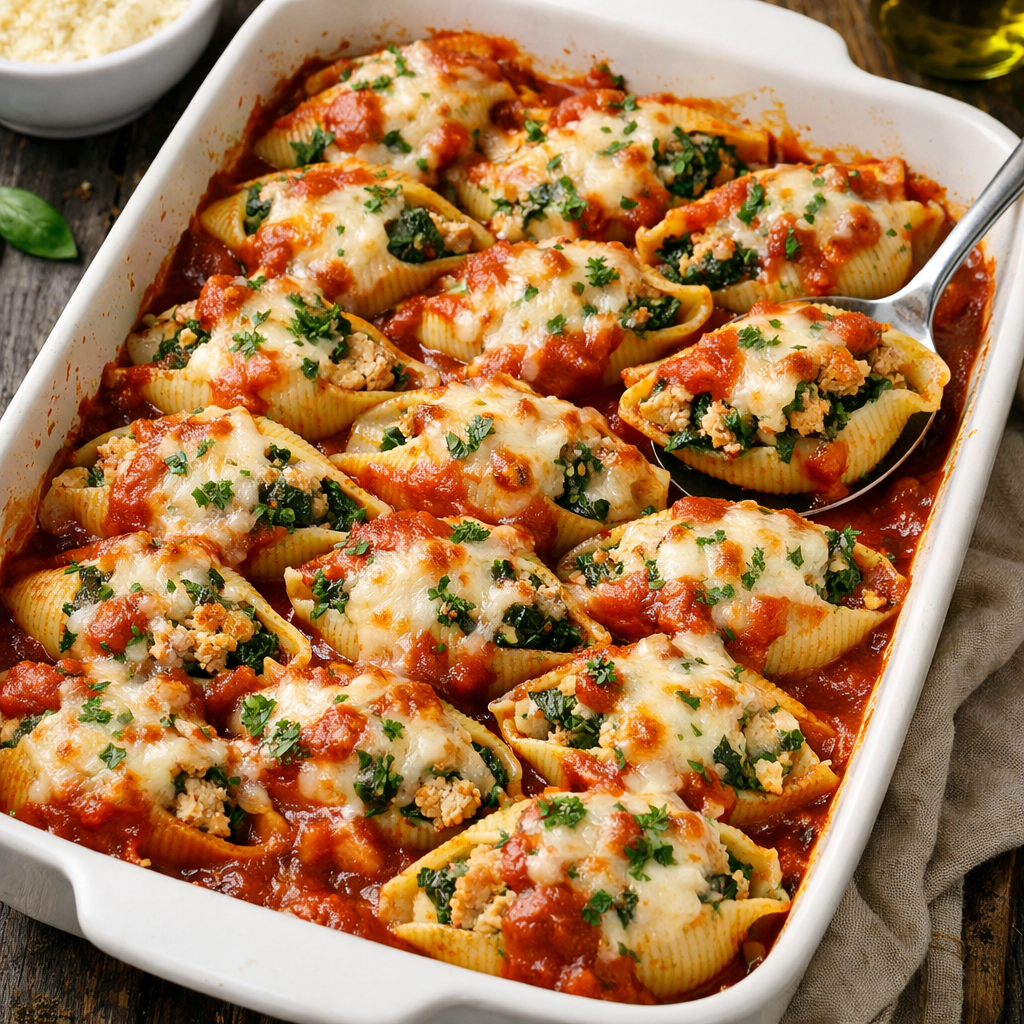 Turkey and Spinach Stuffed Shells with marinara sauce and cheese