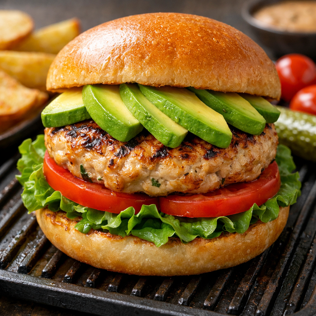A delicious turkey burger topped with avocado, lettuce, and tomato.