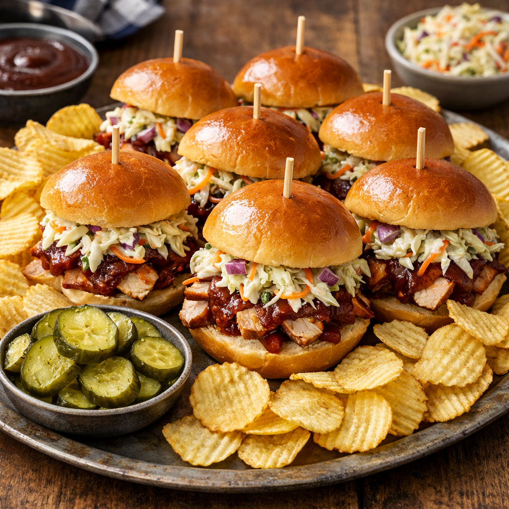 Delicious BBQ turkey sliders served with coleslaw, pickles, and chips on a platter.
