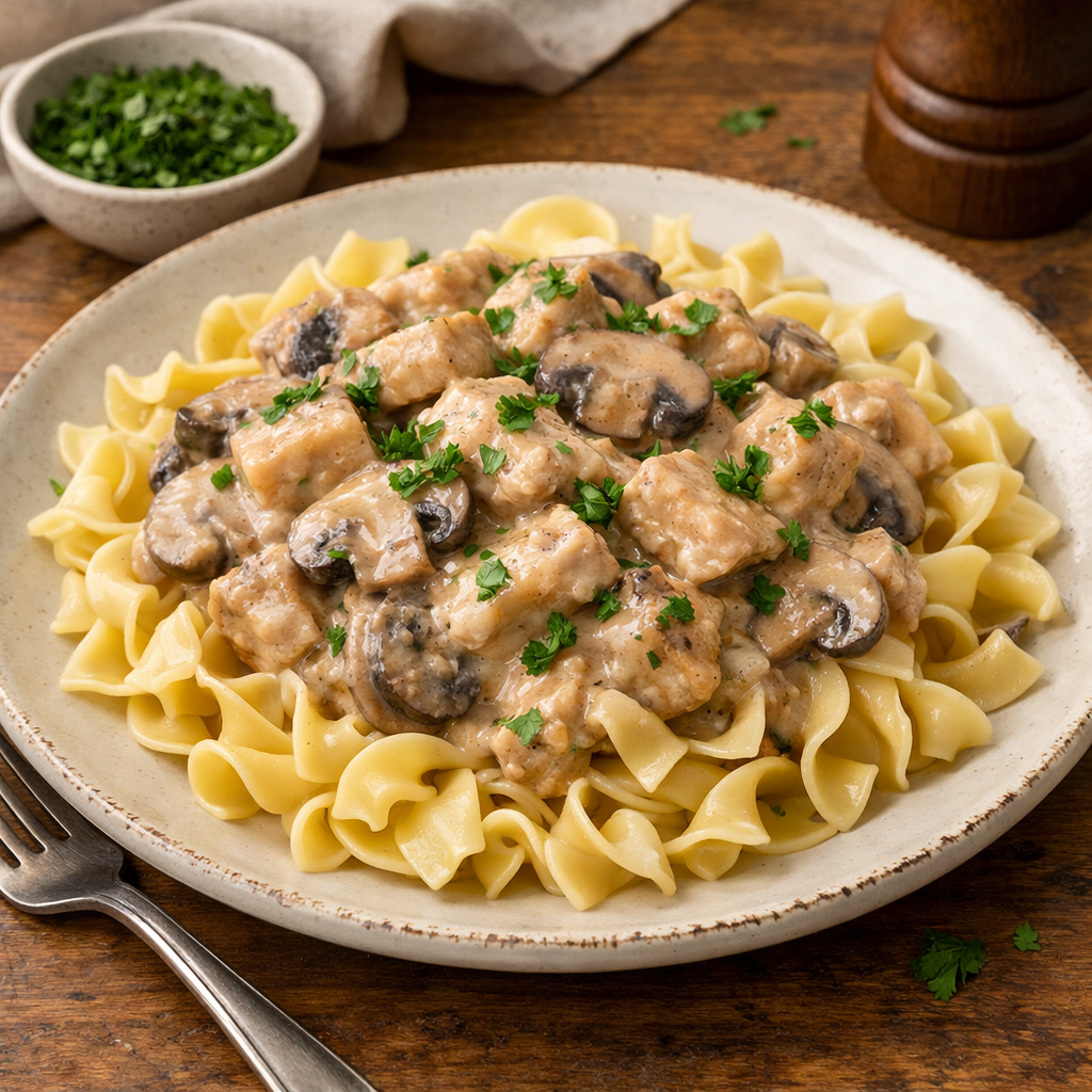 A delicious plate of creamy turkey and mushroom stroganoff served over egg noodles, topped with parsley.