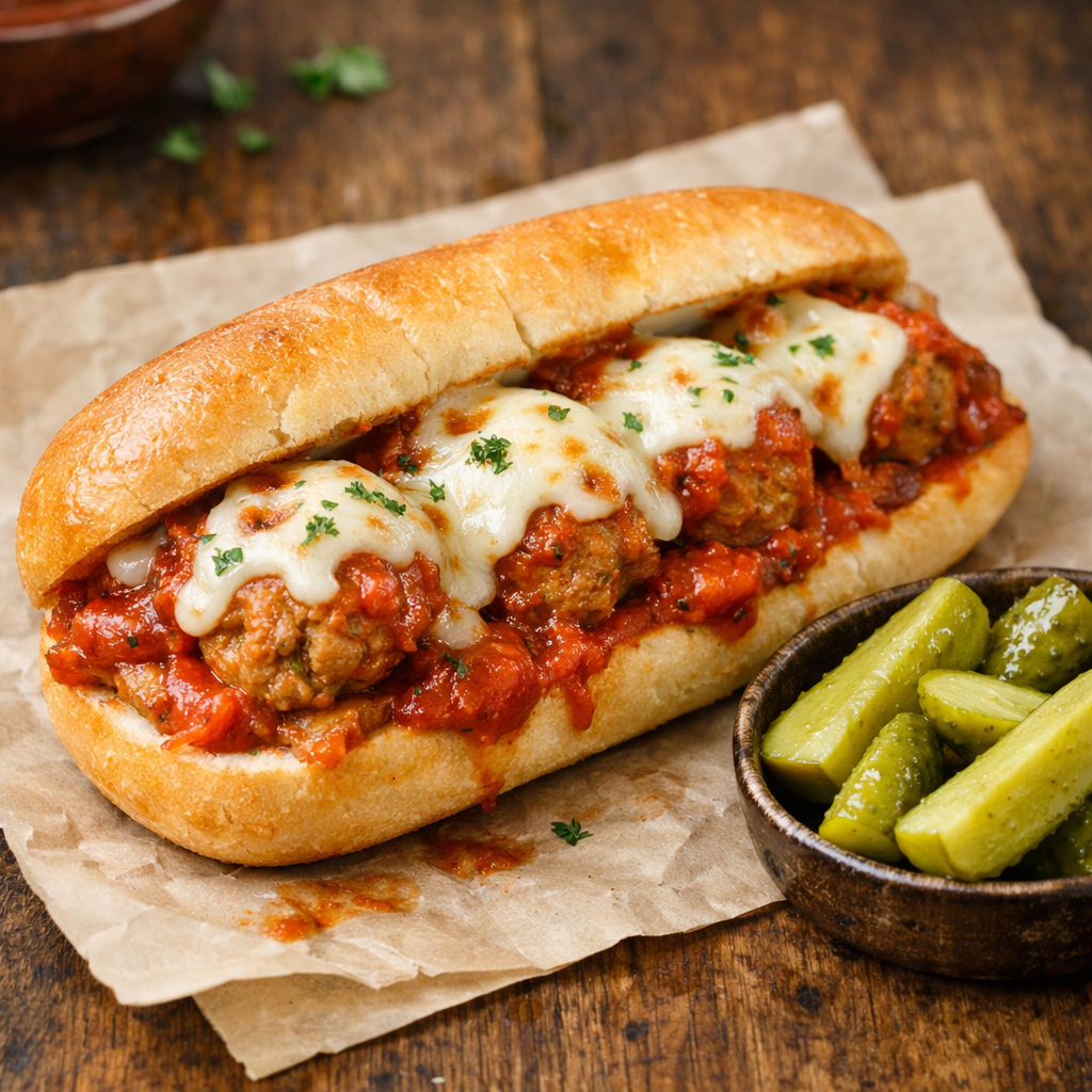 Italian turkey meatball sub with marinara sauce and melted cheese, served with pickles on the side.