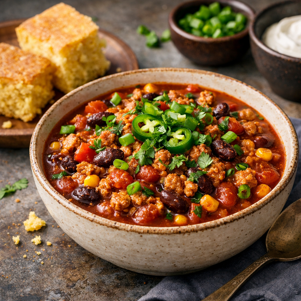 A bowl of savory ground turkey chili topped with green onions and jalapeños, served with cornbread.
