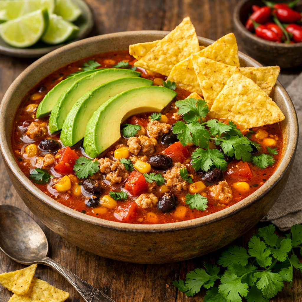 A bowl of spicy turkey taco soup garnished with avocado, cilantro, and tortilla chips.