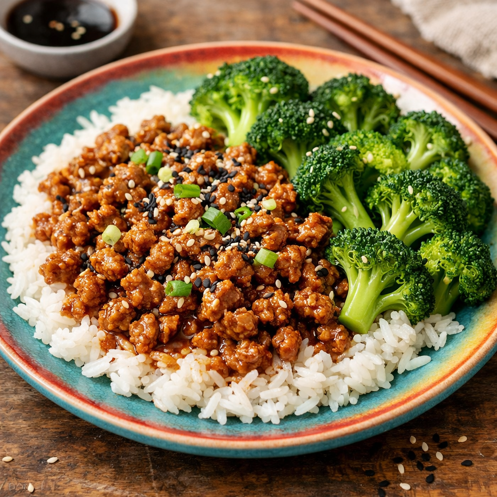 A plate featuring teriyaki ground turkey over white rice, accompanied by steamed broccoli and garnished with sesame seeds and green onions.