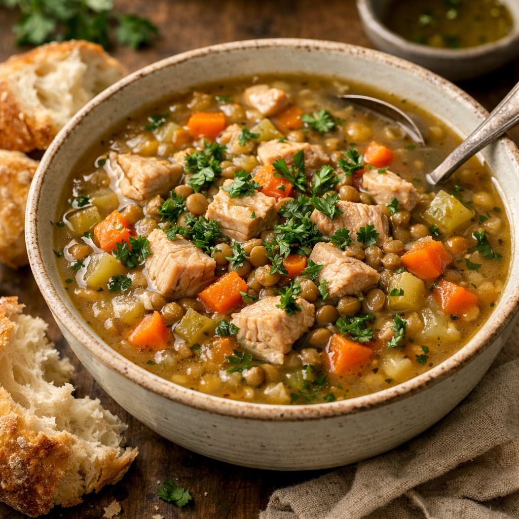 A warm bowl of turkey and lentil soup garnished with fresh parsley, served with crusty bread.