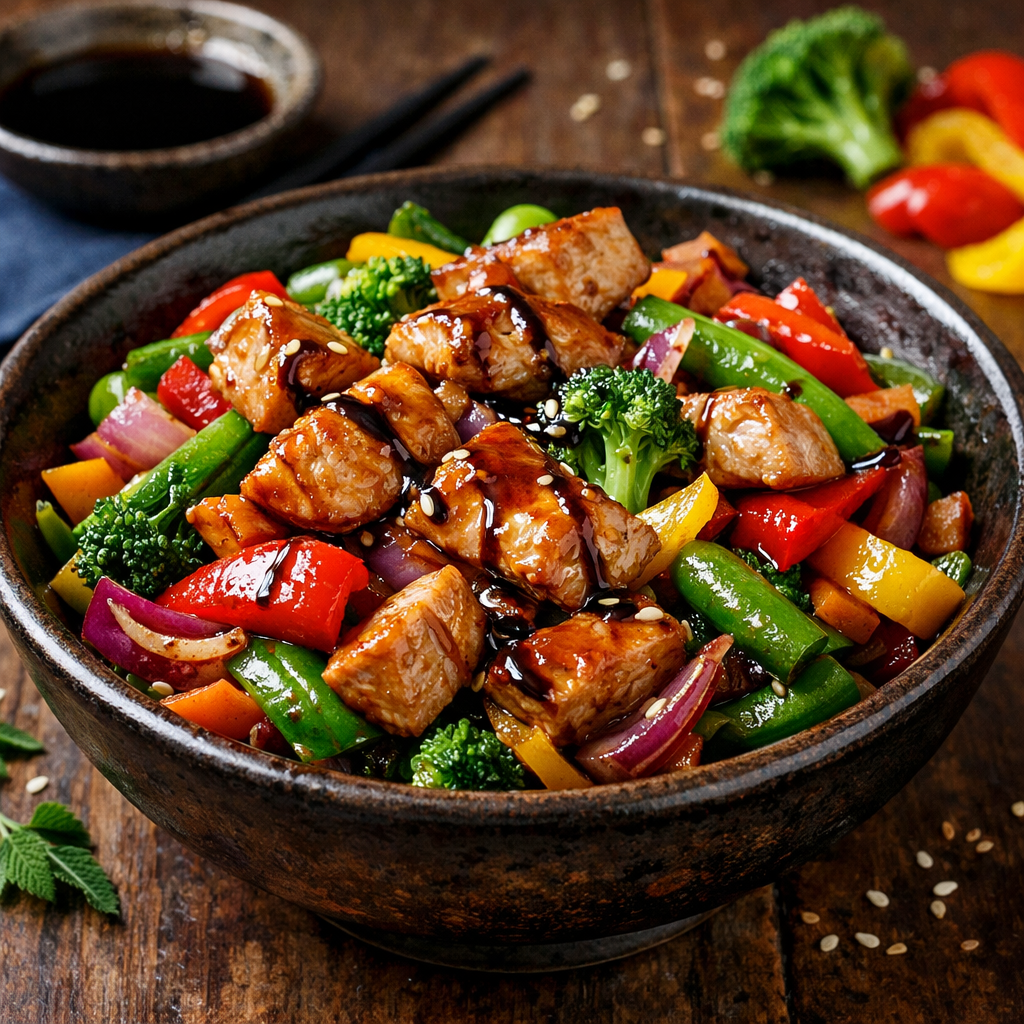 A colorful bowl of turkey and vegetable stir-fry with broccoli, bell peppers, and sesame seeds.