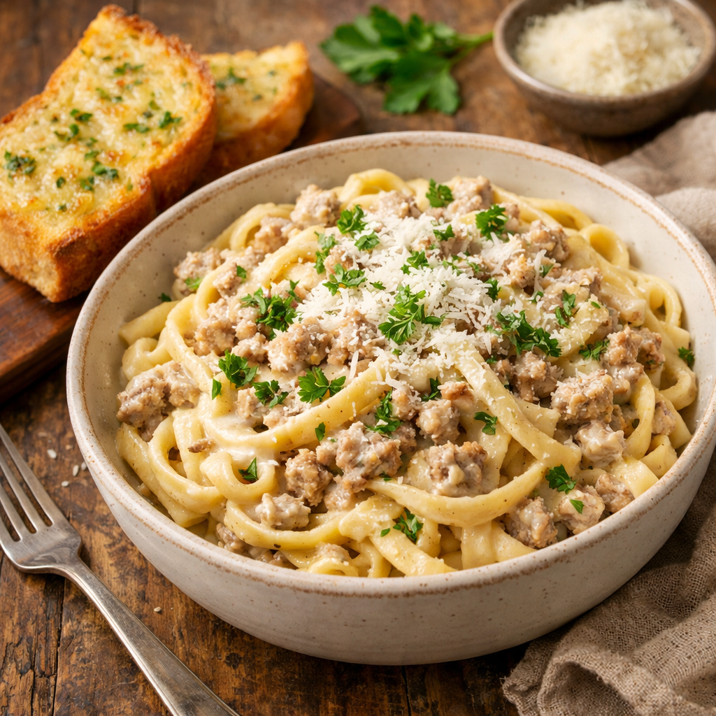 Creamy ground turkey alfredo pasta served with garlic bread