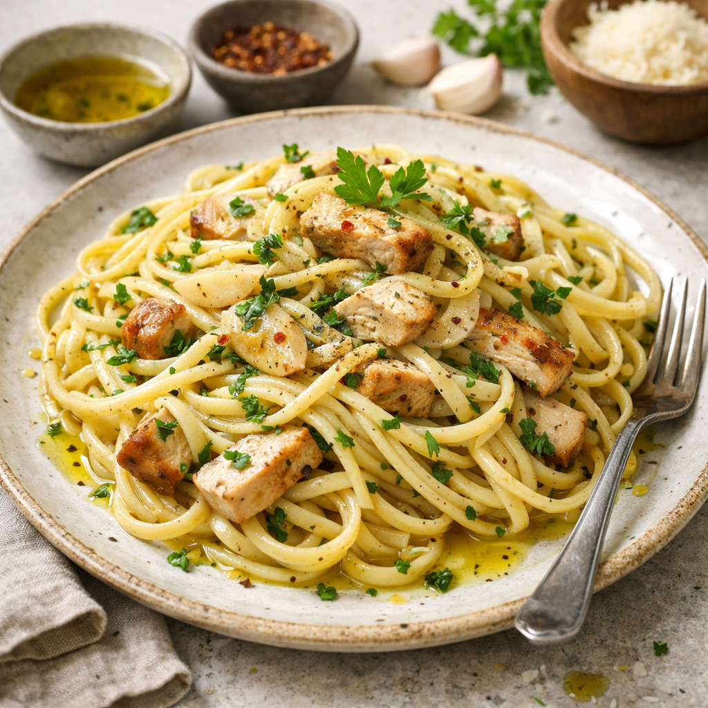 A plate of Garlic and Herb Turkey Linguine garnished with parsley and served with garlic and olive oil in the background.