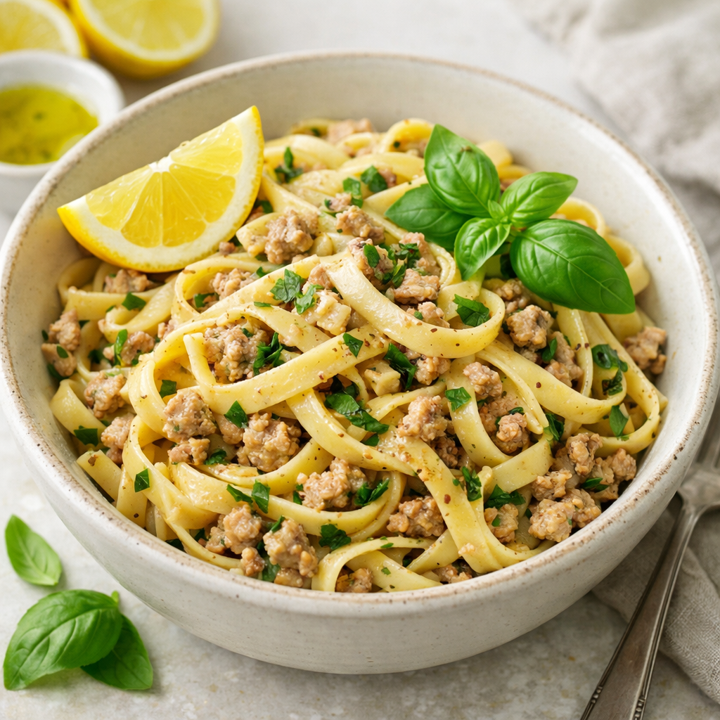 Lemon Basil Ground Turkey Fettuccine in a bowl garnished with lemon and fresh basil