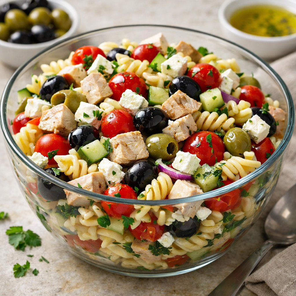 A colorful bowl of Mediterranean turkey pasta salad featuring rotini pasta, tomatoes, olives, turkey, and feta cheese.
