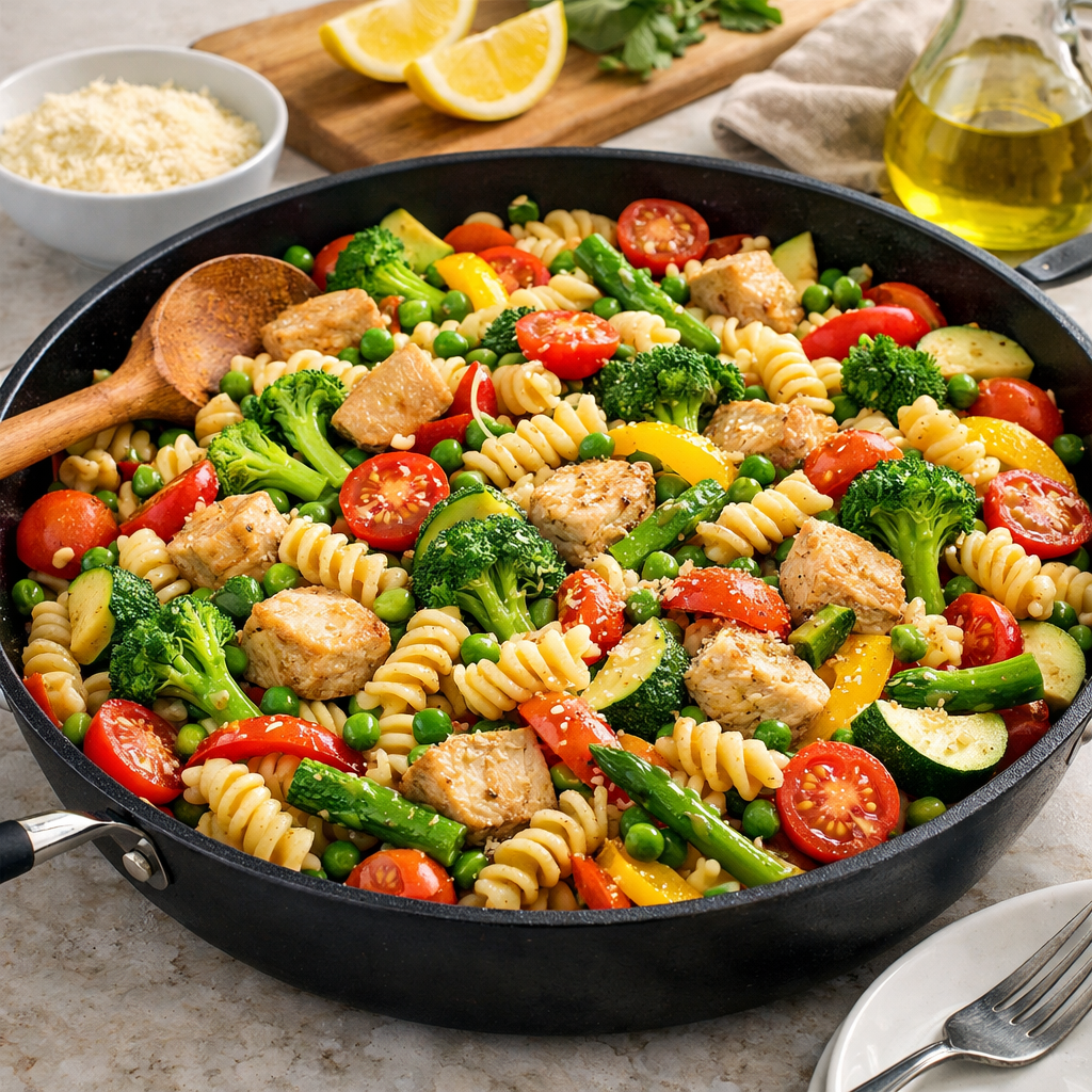 A colorful one-pot turkey pasta primavera with fresh vegetables and rotini pasta.
