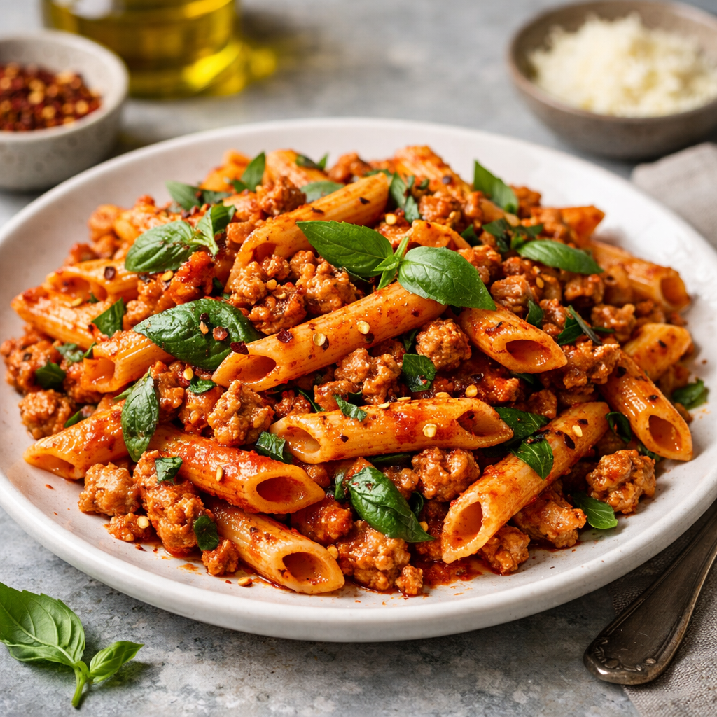 Plate of spicy turkey penne arrabbiata with fresh basil