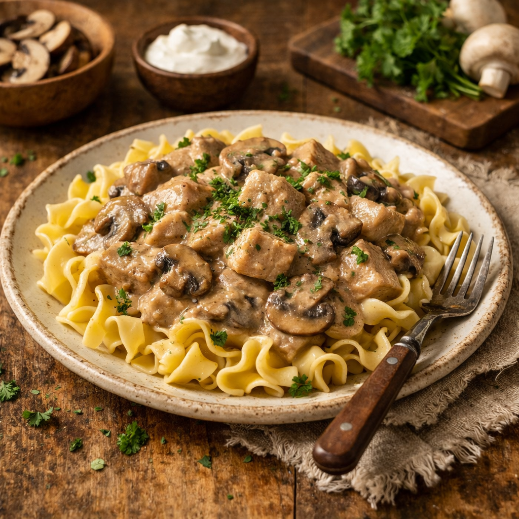 A delicious plate of turkey and mushroom stroganoff served over egg noodles, garnished with parsley.