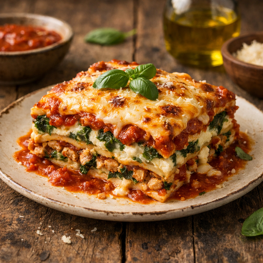 A delicious slice of turkey and spinach lasagna on a rustic plate, topped with basil.
