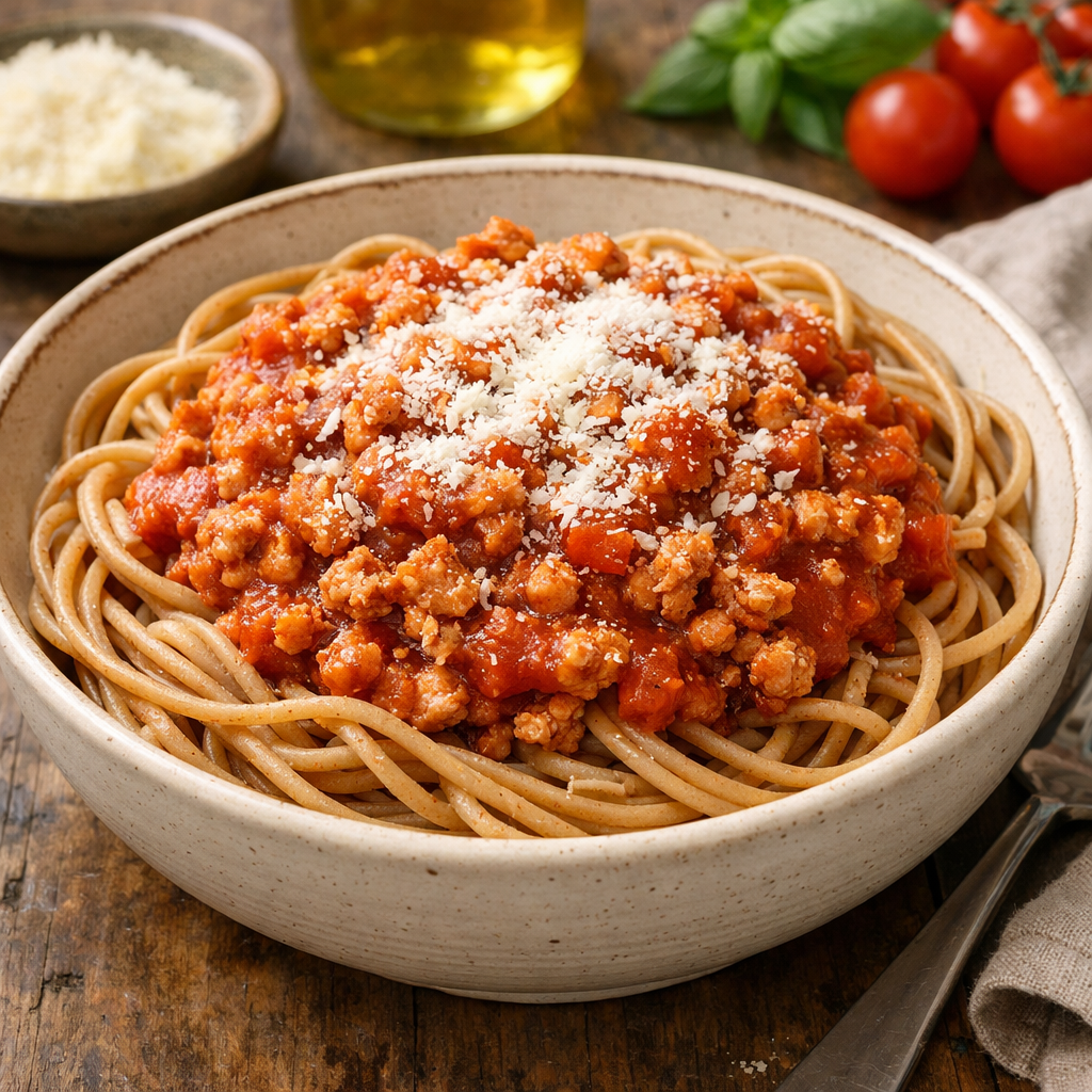A bowl of whole wheat spaghetti topped with turkey Bolognese sauce and Parmesan cheese.