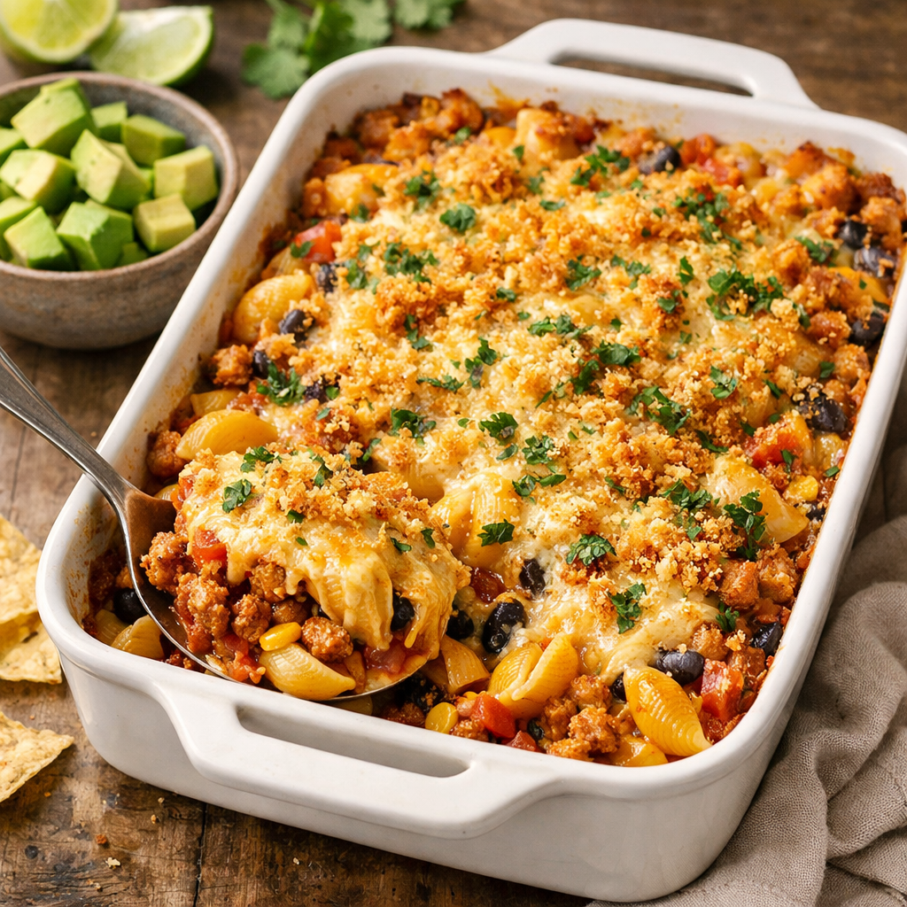 A dish of Turkey Taco Pasta Bake topped with breadcrumbs and fresh herbs, served alongside diced avocado.